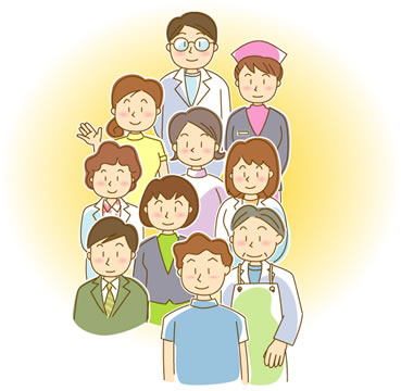 病院や診療所で働く主なスタッフのイラスト