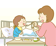 お母さんがこどもにご飯を食べさせているイラスト