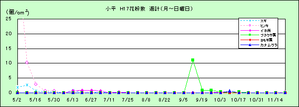 平成17年夏から秋の花粉:小平の花粉飛散状況