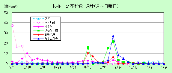 平成21年夏から秋の花粉:杉並の花粉飛散状況