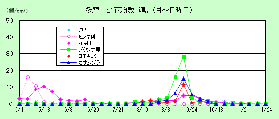 平成21年夏から秋の花粉:多摩の花粉飛散状況