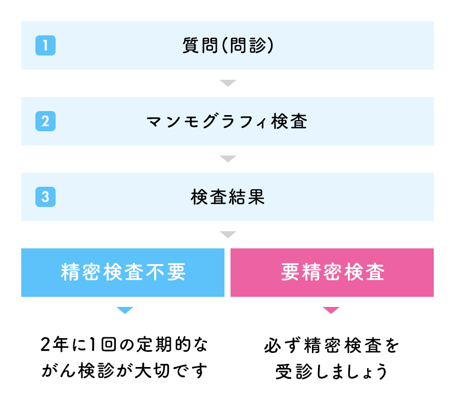 1.問診　2.マンモグラフィ検査　3.検査結果　精密検査不要な場合は、2年に1回の定期的ながん検診が大切です。要精密検査の場合、必ず精密検査を受けましょう。