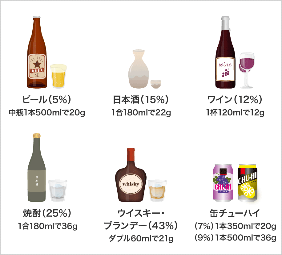 主な酒類の純アルコール量換算の目安：表