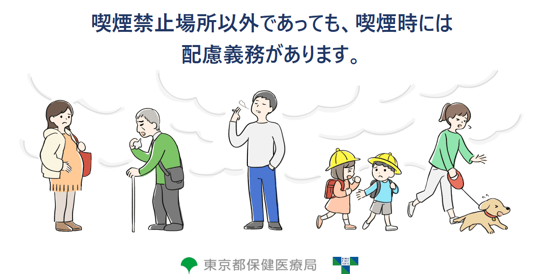 喫煙禁止場所以外であっても、喫煙時には配慮義務があります。