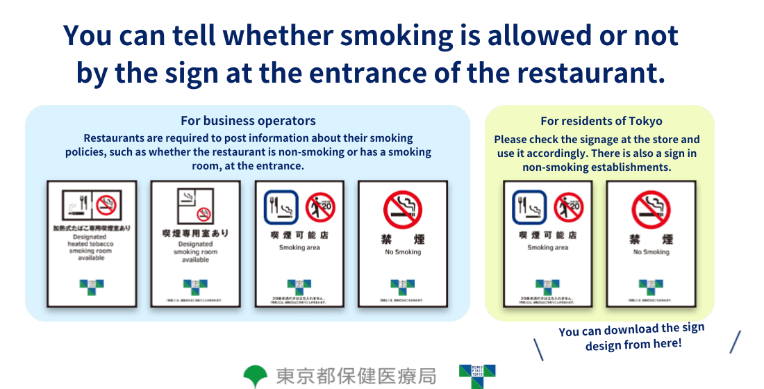 You can tell whether smoking is allowed or not by the sign at the entrance of the restaurant. For business operators Restaurants are required to post information about their smoking policies, such as whether the restaurant is non-smoking or has a smoking room, at the entrance. For residents of Tokyo Please check the signage at the store and use it accordingly. There is also a sign in non-smoking establishments.  You can download the sign design from here!