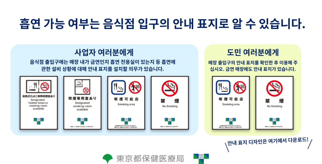 흡연 가능 여부는 음식점 입구의 안내 표지로 알 수 있습니다. 사업자 여러분에게 음식점 출입구에는 매장 내가 금연인지 흡연 전용실이 있는지 등 흡연에 관한 설비 상황에 대해 안내 표지를 설치할 의무가 있습니다. 도민 여러분에게 매장 출입구의 안내 표지를 확인한 후 이용해 주십시오.금연 매장에도 안내 표지가 있습니다. 안내 표지 디자인은 여기에서 다운로드！