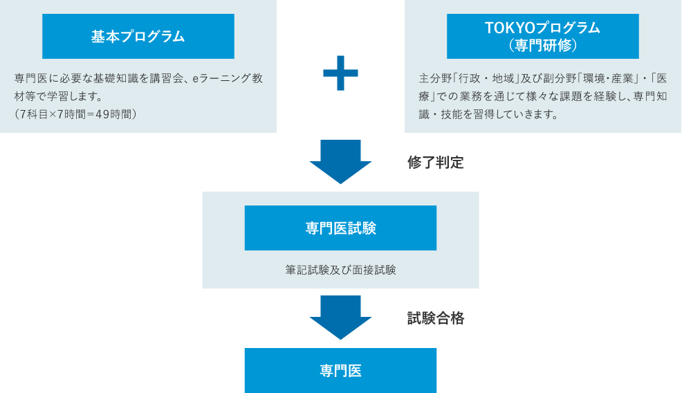 基本プログラム専門医に必要な基礎知識を講習会、eラーニング教材等で学習します。（７科目×７時間＝４９時間）TOKYOプログラム（専門研修）主分野「行政・地域」及び副分野「環境・産業」・「医療」での業務を通じて様々な課題を経験し、専門知識・技能を習得していきます。修了判定 専門医試験 筆記試験及び面接試験 試験合格 専門医