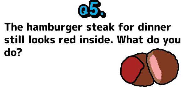 Question 5: The hamburger steak for dinner still looks red inside. What do you do?