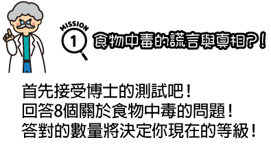任務1：食物中毒的謊言與真相？！首先接受博士的測試吧！回答8個關於食物中毒的問題！答對的數量將決定你現在的等級！