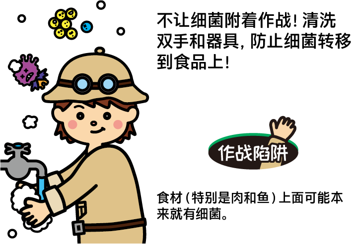 不让细菌附着作战！清洗双手和器具，防止细菌转移到食品上！