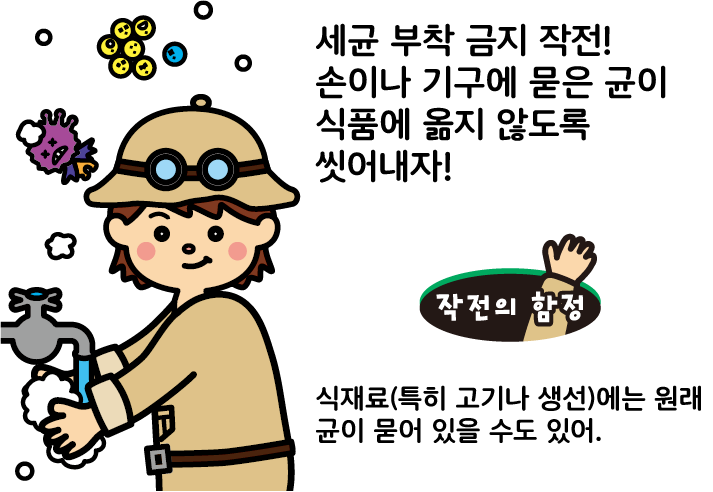 세균 부착 금지 작전! 손이나 기구에 묻은 균이 식품에 옮지 않도록 씻어내자!