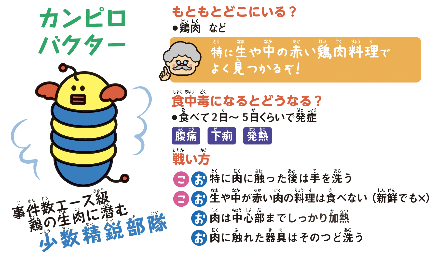 カンピロバクター。事件数のエース級。鳥の生肉に潜む少数精鋭部隊。